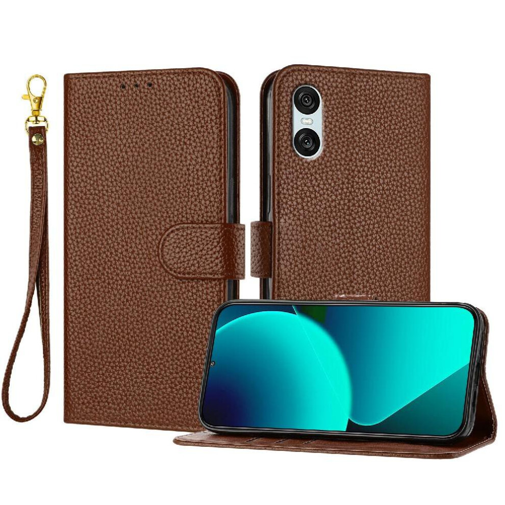 (Brown) Phone Case For Sony Xperia 10 Vi Pu Lether Flip Folio Wallet Litchi Pattern Card Slots Holder Brown 764563478477