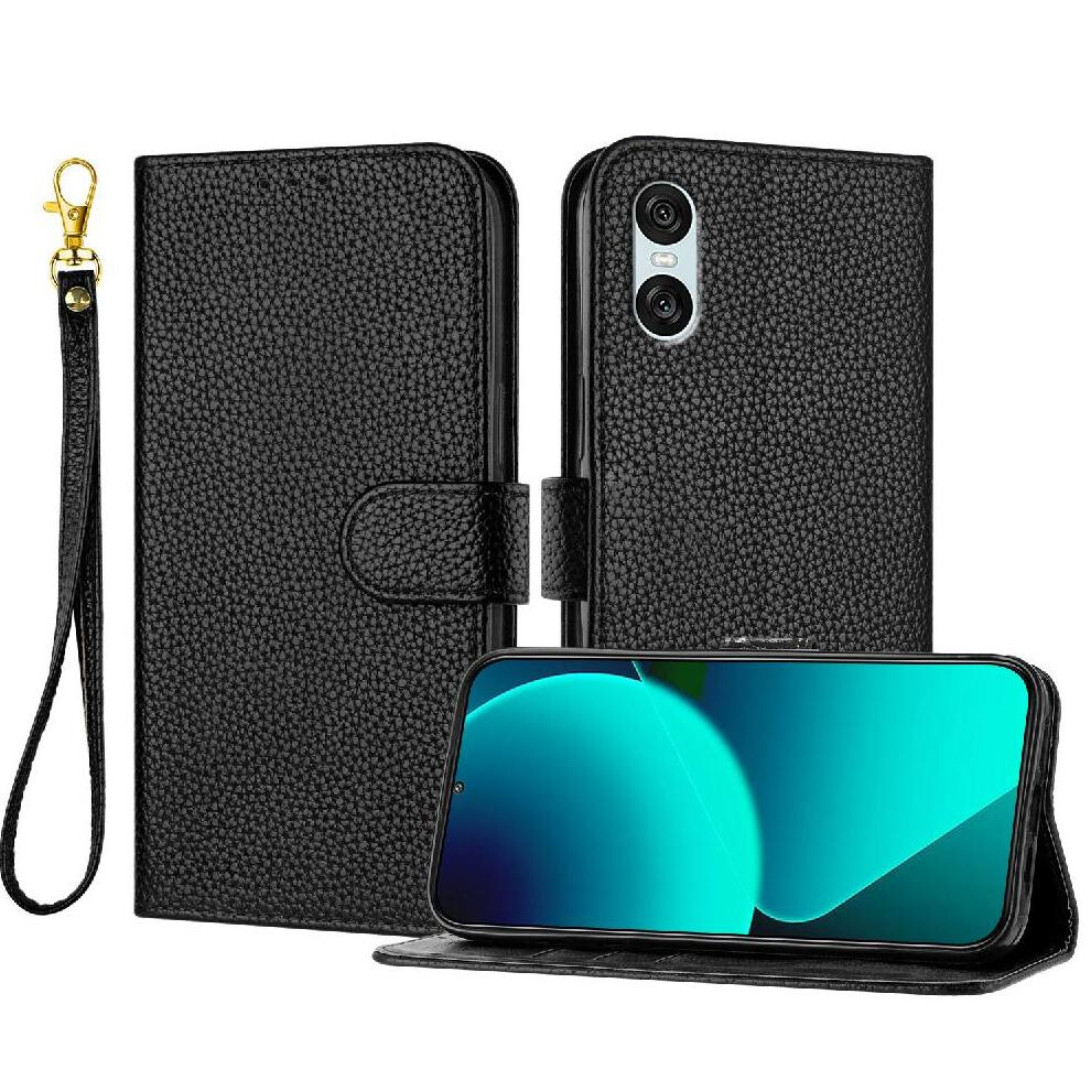 (Black) Phone Case For Sony Xperia 10 Vi Pu Lether Flip Folio Wallet Litchi Pattern Card Slots Holder Black 764563478484