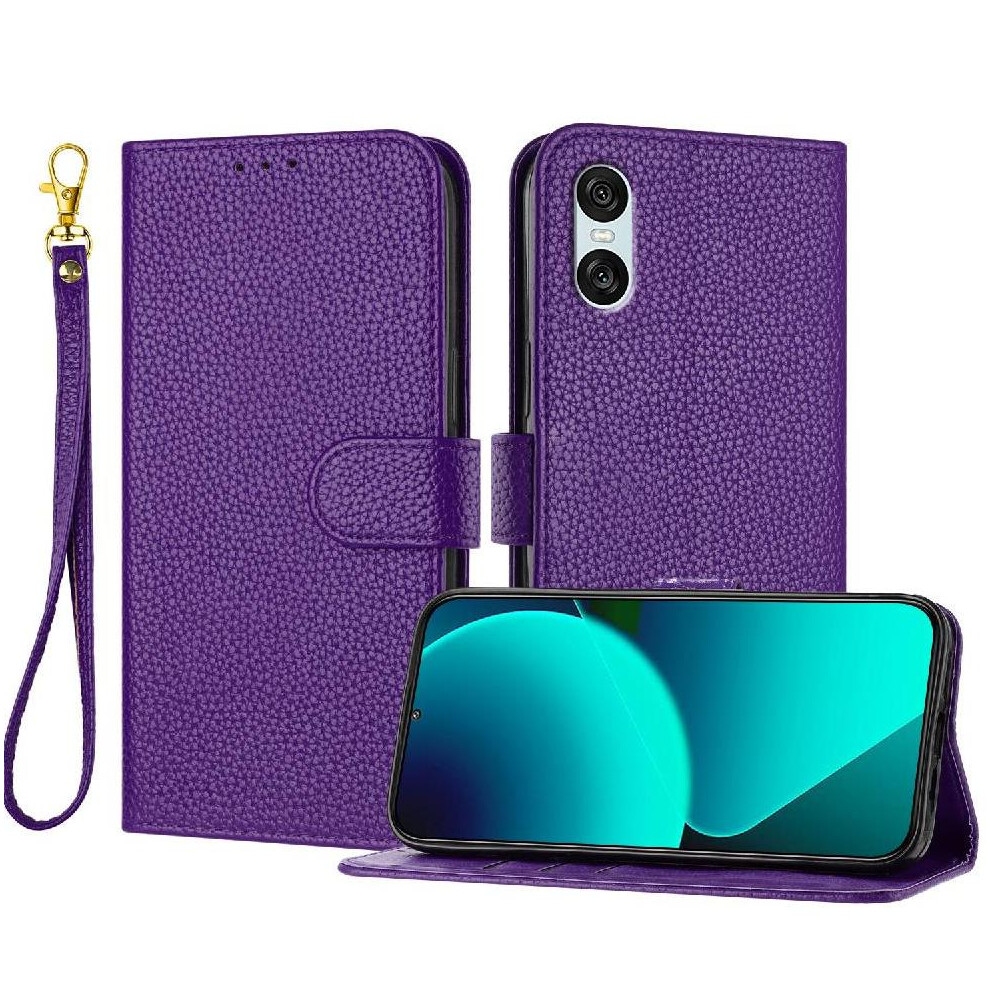 (Purple) Phone Case For Sony Xperia 10 Vi Pu Lether Flip Folio Wallet Litchi Pattern Card Slots Holder Purple 764563478453