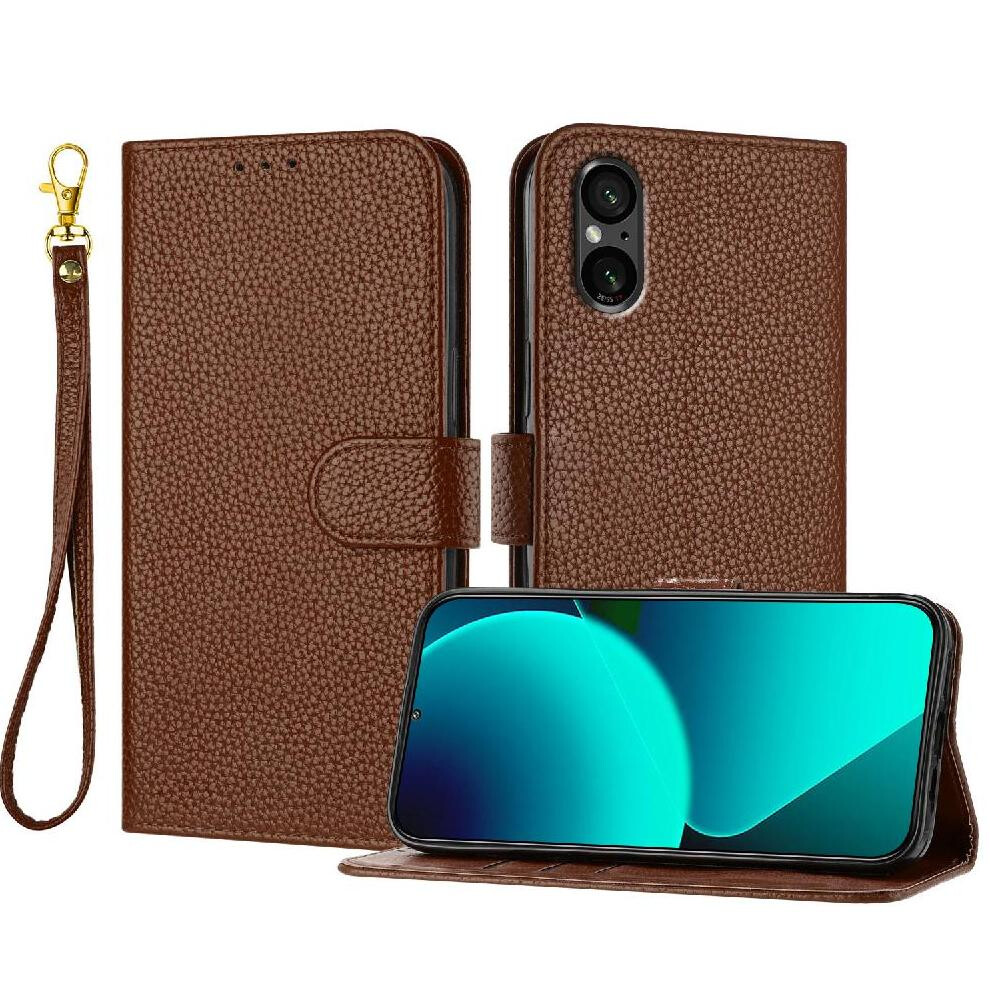 (Brown) Phone Case For Sony Xperia 5 Vi 2024 Wallet Flip Folio Litchi Pattern Pu Lether Card Slots Holder Brown 764563478538