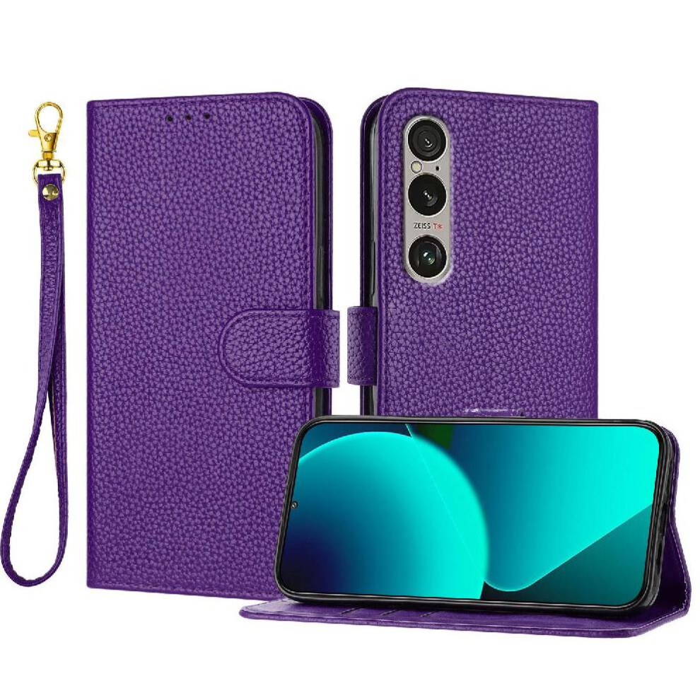 (Purple) Phone Case For Sony Xperia 1 Vi 2024 Pu Lether Litchi Pattern Flip Folio Card Slots Holder Wallet Purple 764563478576