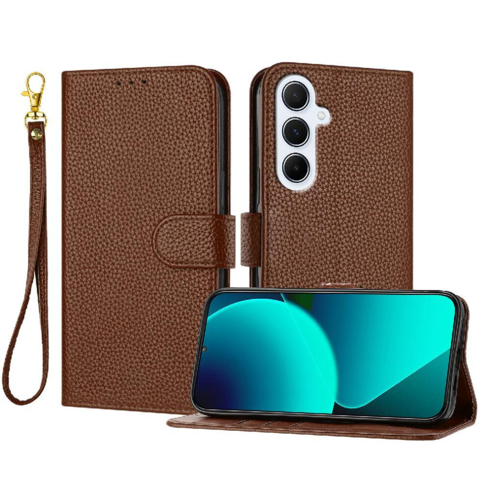 (Brown) Phone Case For Samsung Galaxy A36 5G Wallet Litchi Pattern Card Slots Holder Flip Folio Pu Lether Brown 764563478842