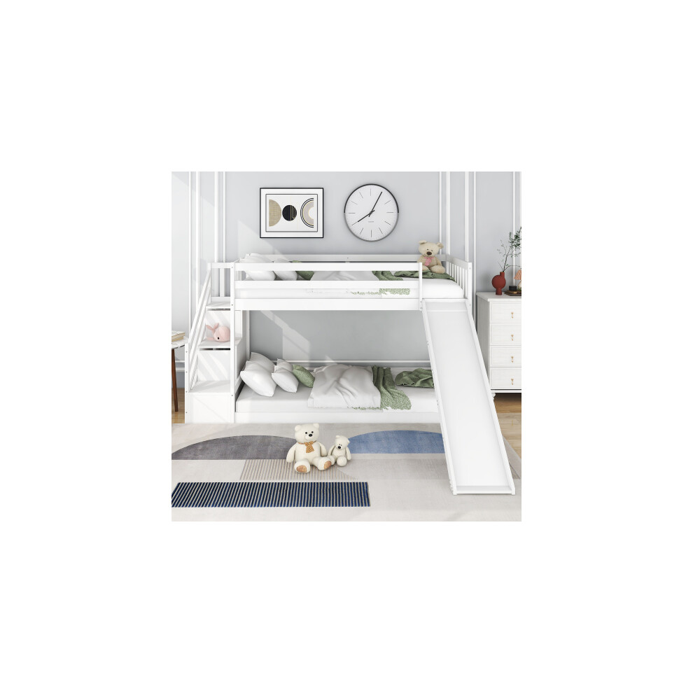 Children Bunk Bed with Stairs and Slide, Solid Pine Wood Frame, 2 Drawers in the Steps,90x190cm, White