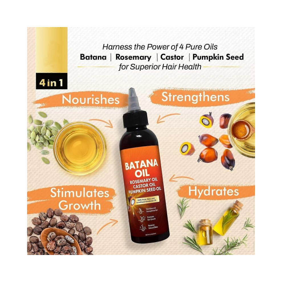 (3PCS) Batana Oil for Hair Growth, 4-in-1 Pure & Unrefined Honduran Oil with Rosemary, Castor & Pumpkin Seed - Nourishes, Strengthens & Promotes Hair