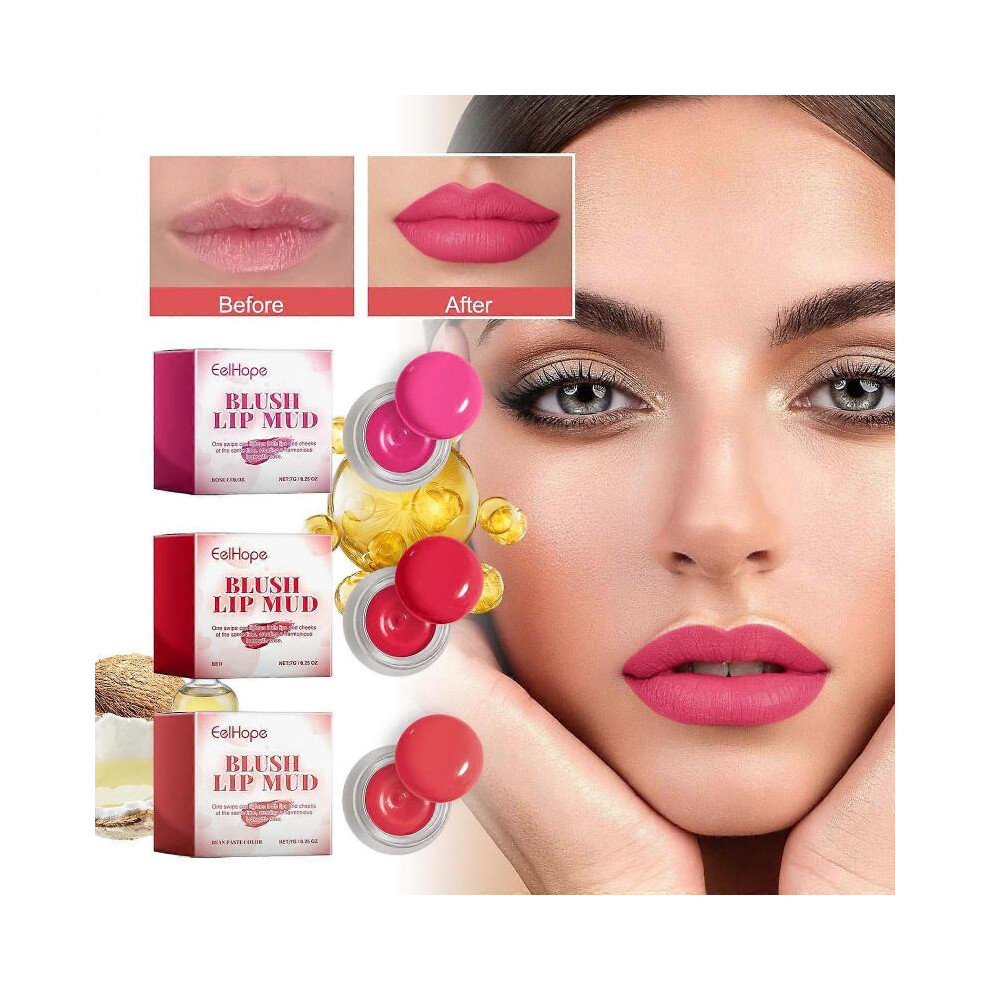 (3 Colors) Velvet Lip Mud Blush, 2-in-1 Creme Cheek Blush Blurry Pudding Pot, High Pigment Lipstick Blush Lasting Tint Lip Clay