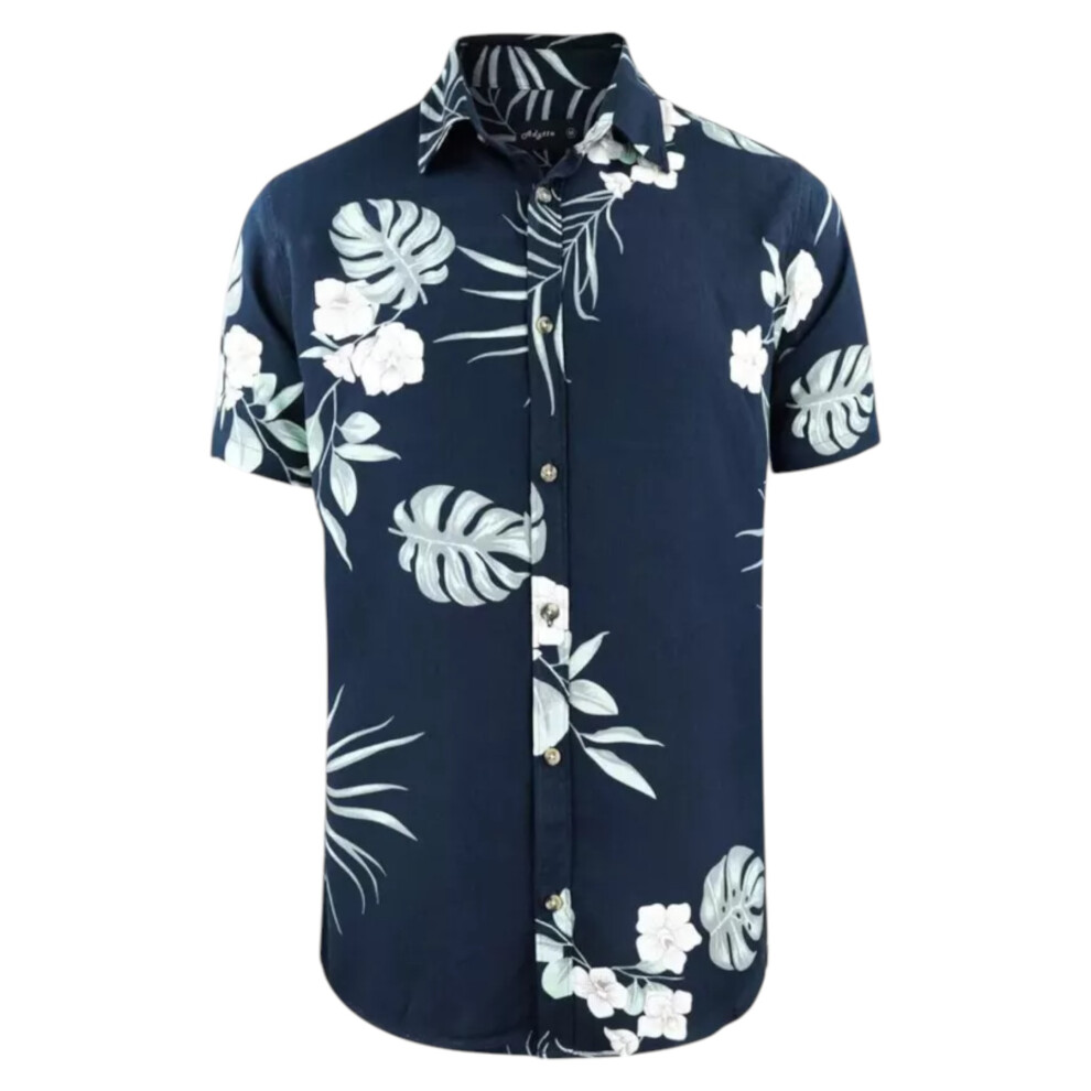 (Navy (Olive Leaf), XL) Mens Hawaiian Shirts Aloha Summer Casual Beach Holiday Viscose Floral New Top