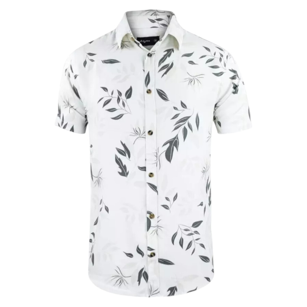 (White (Leaves), L) Mens Hawaiian Shirts Aloha Summer Casual Beach Holiday Viscose Floral New Top