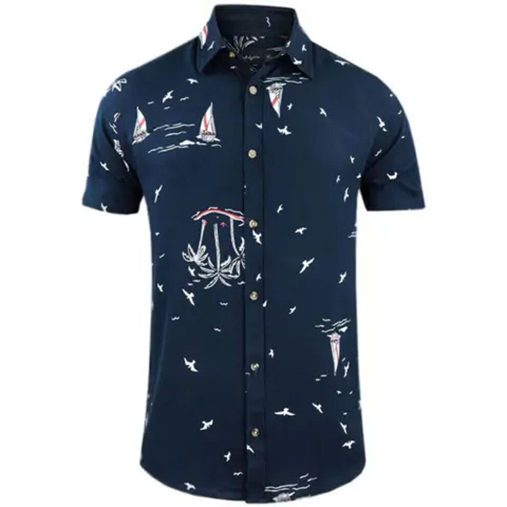 (Navy (Boats), XL) Mens Hawaiian Shirts Aloha Summer Casual Beach Holiday Viscose Floral New Top