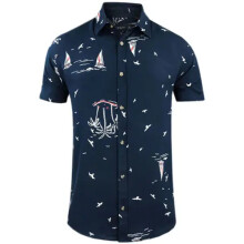 (Navy (Boats), 2XL) Mens Hawaiian Shirts Aloha Summer Casual Beach Holiday Viscose Floral New Top