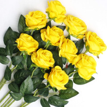 (Yellow - Blooming Roses) 10 Pcs Artificial Roses Silk Flowers Fake Single Stem Blooming Rose Bridal Bouqets For Wedding Home Birthday Party Arrangment Garden Decoration