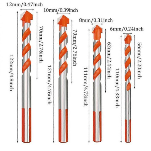 5pcs Tile Drill Set, (6mm 6mm 8mm 10mm 12mm) Masonry Drill Set Tungsten Carbide Tip Drill Bits 2