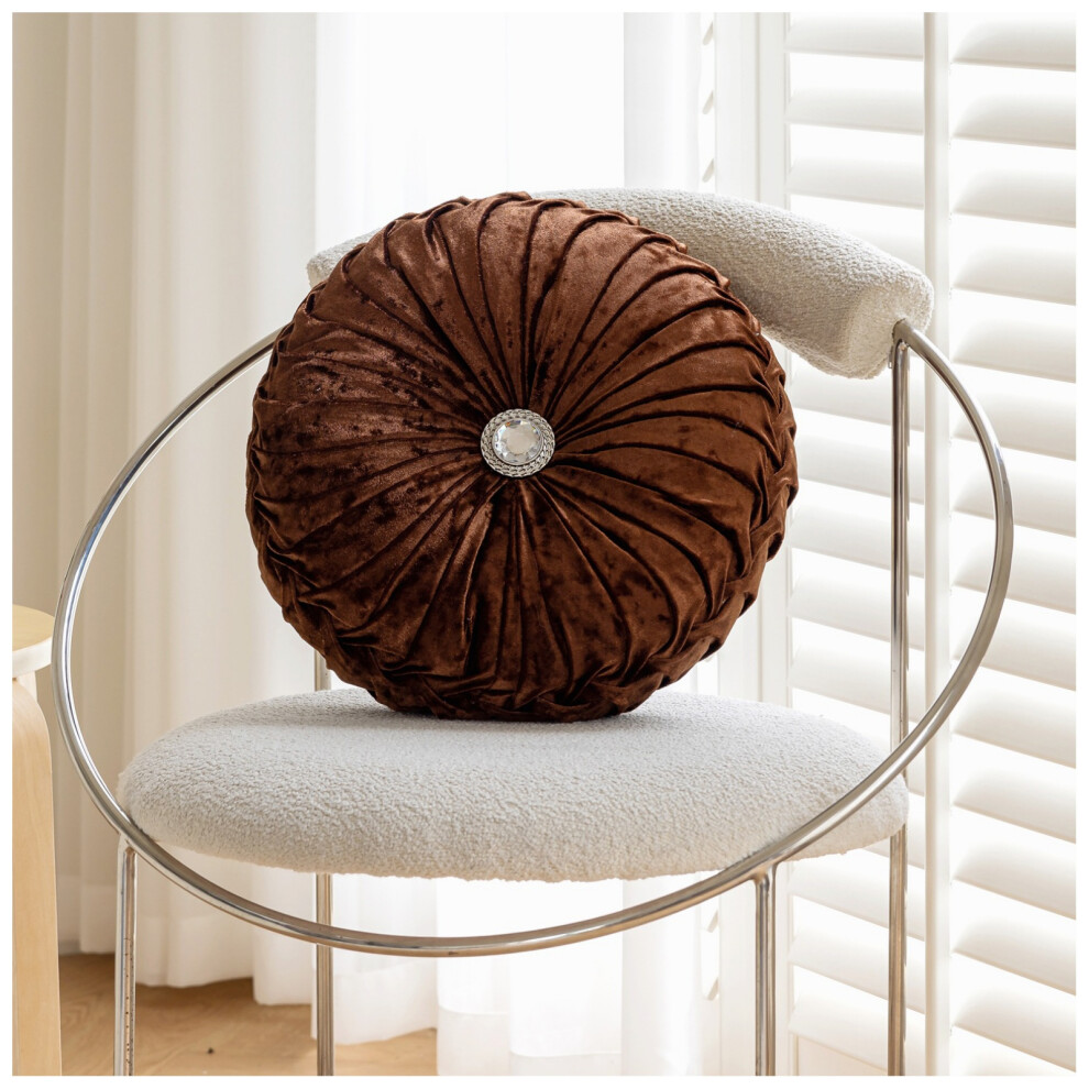 (Dark Brown) Ancoree Velvet Pleated Round Pumpkin Throw Pillow Couch Cushion Floor Pillow for Sofa Chair Bed Car Home Decor