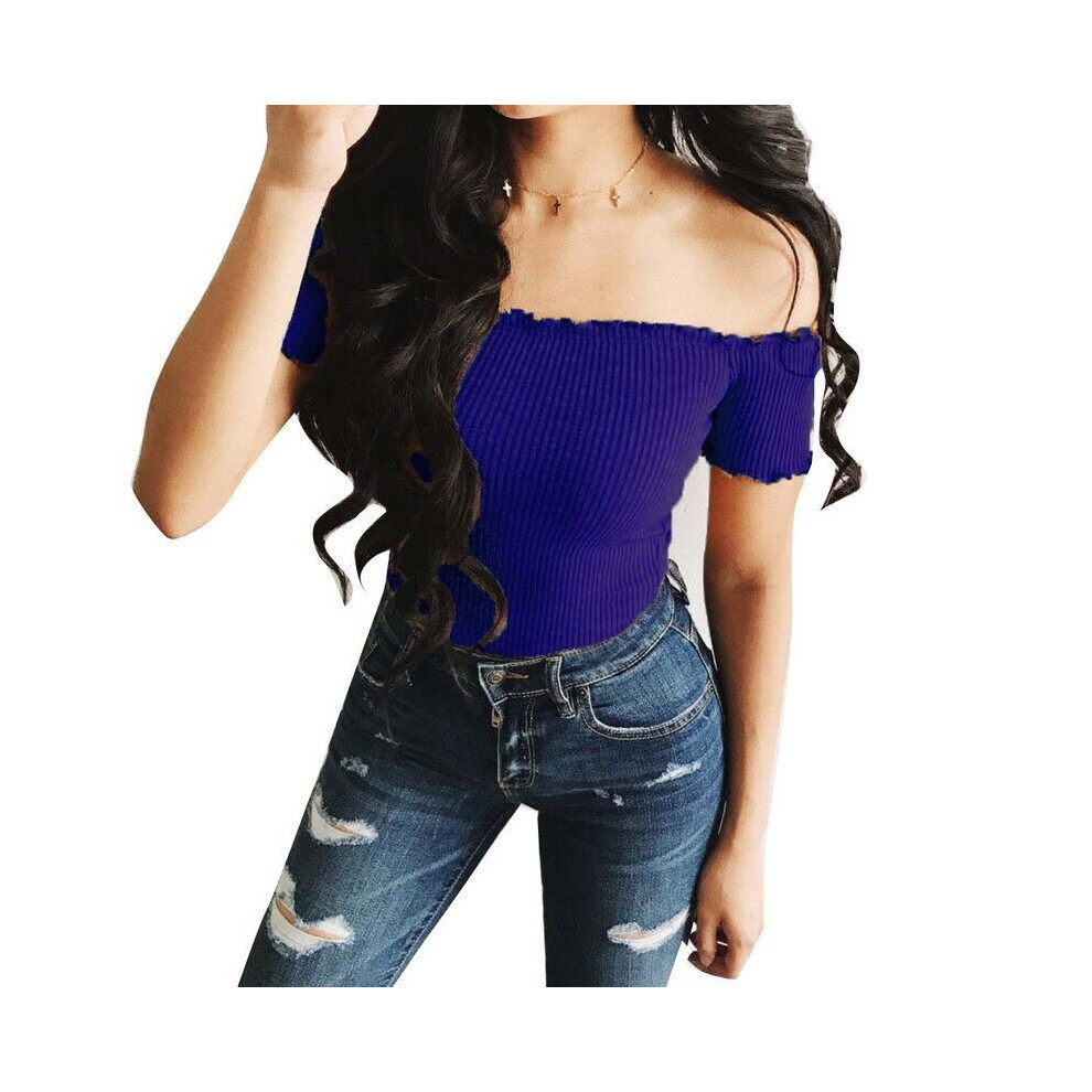 (Blue,L)Débardeur femme été décontracté épaules dénudées gilet chemisier sans manches crop tops chemise