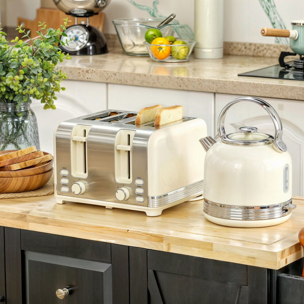 HOMCOM 1.7L 3000W Fast Boil Electric Kettle and 4 Slice Toaster Set, Cream