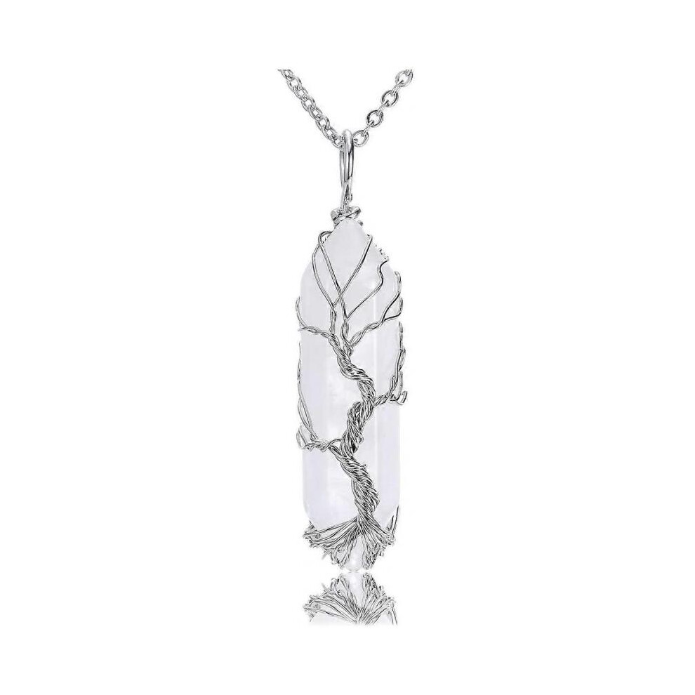 CrystalTears Natural Clear Quartz Healing Crystal Stone Necklace Silver Tree of Life Wire Wrapped Hexagonal Crystal Points Pendant Necklace