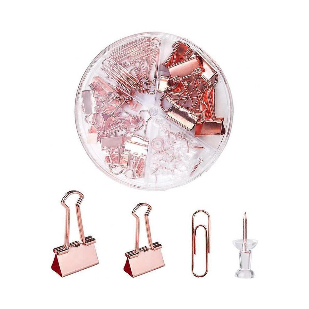 72 Pieces Office Supplies Set,Including 22 Binder Clips/30 Paperclips/20 Push Pins Thumb Tacks,School Desk Accessories Organizer with Box(C-Rose Gold)