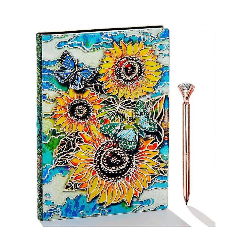 Sunflower Leather Notebook, A5 Lined Journal, 200 Pages, Travel and Writing Notebook, Unique Gift for Women (Multicoloured)
