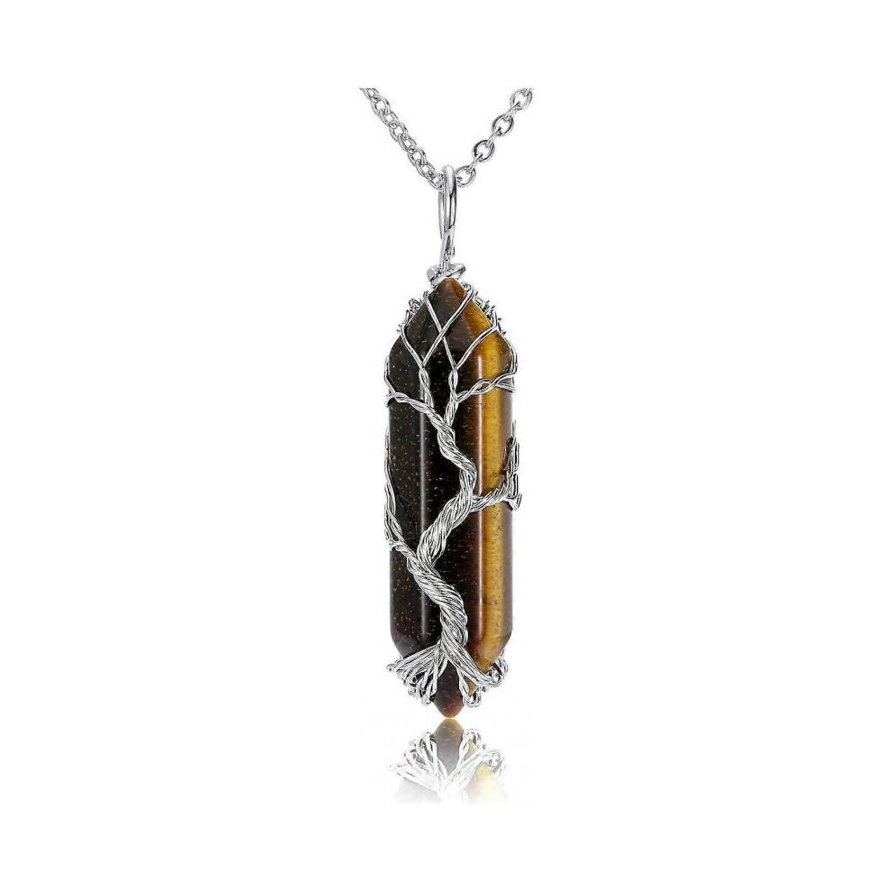 CrystalTears Natural Tiger Eye Healing Crystal Stone Necklace Silver Tree of Life Wire Wrapped Hexagonal Crystal Points Pendant Necklace