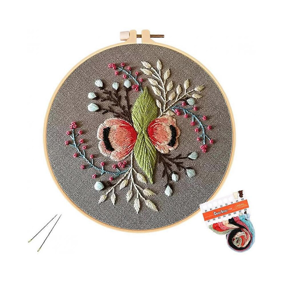 Complete embroidery starter kit for beginners with fabric, hoop, threads and needles.