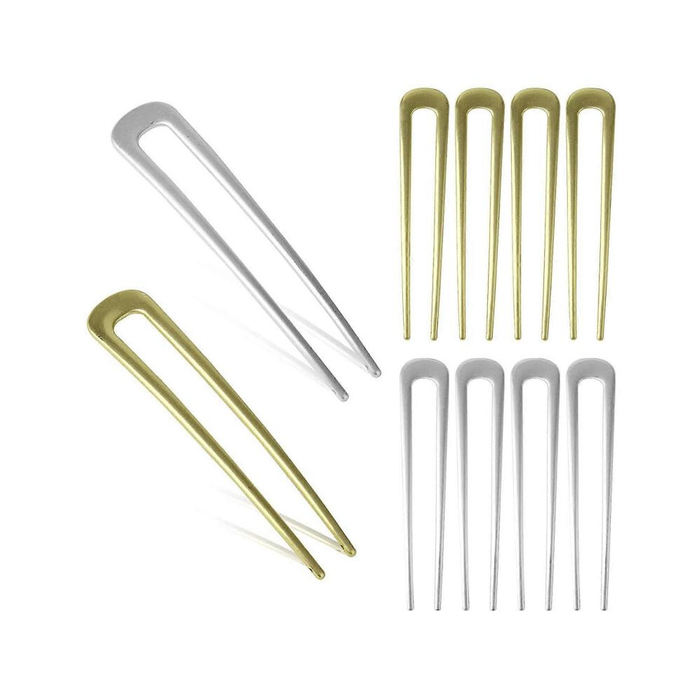 8Pcs-Gold And Metal U Shaped Hair Styling Pins Fork Sticks 2 Prong Updo Chignon Pins Silver