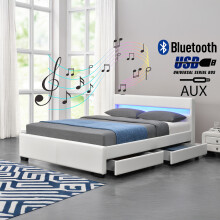 Harmin Designer Music Bluetooth LED Colour Changing Faux Leather Bed White Double