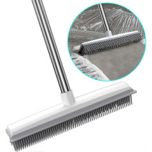 2 in 1 Rubber Broom with Squeegee Edge, Adjustable Long Handle Outdoor Soft Push Broom for Carpet KitchenYard Window Cleaning