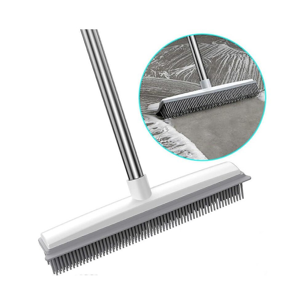 2 in 1 Rubber Broom with Squeegee Edge, Adjustable Long Handle Outdoor Soft Push Broom for Carpet KitchenYard Window Cleaning