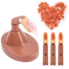 Acrylic nail training fingers, 3 fake fingers with base and brown tips, flexible for nail art practice.