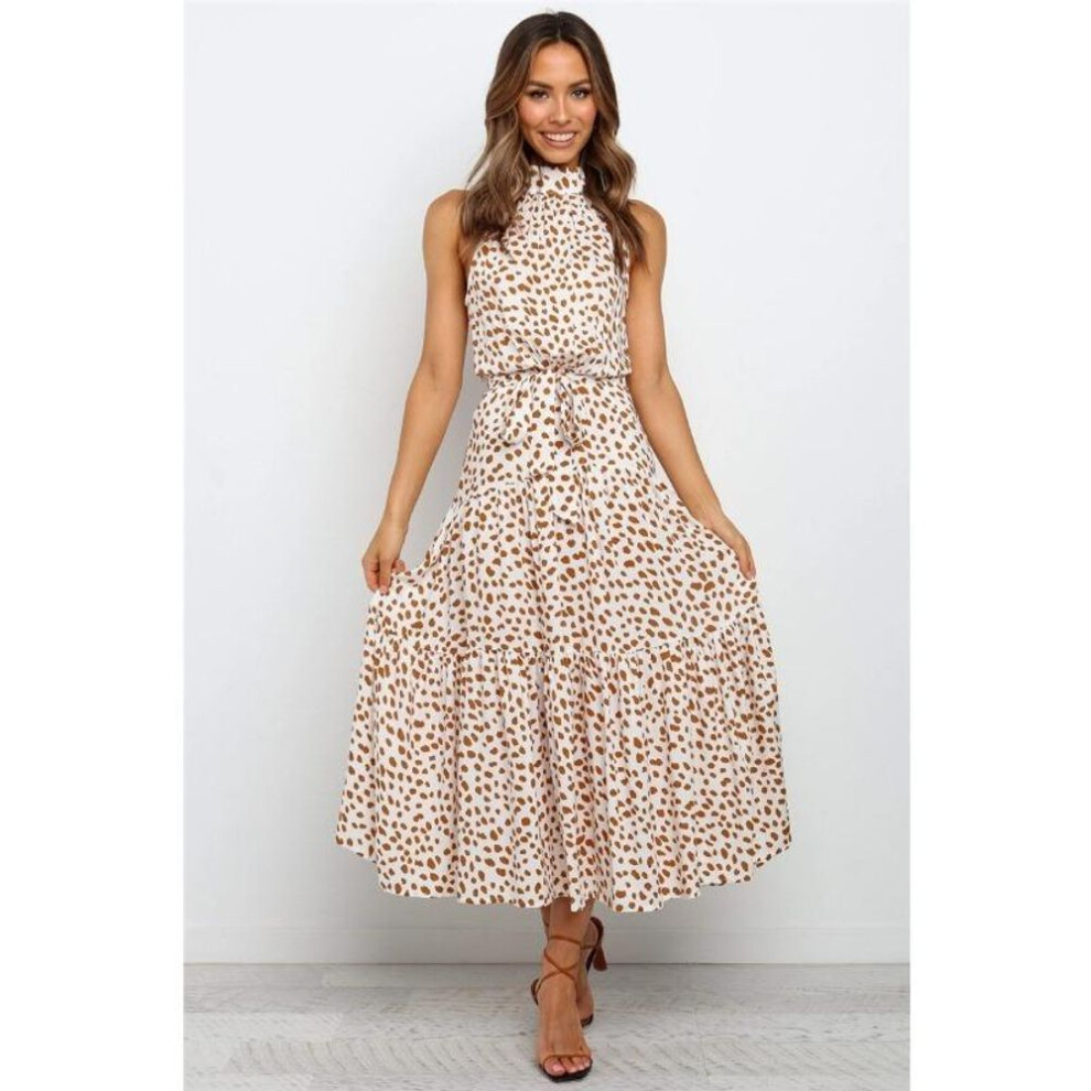 (beige,leopard, XXXL) Women's Hanging Neck Polka Dot Printed Tie Dress Long Long Dress