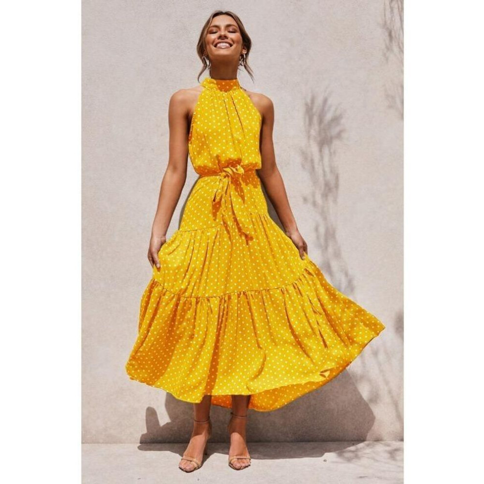 (yellow, XXL) Women's Hanging Neck Polka Dot Printed Tie Dress Long Long Dress