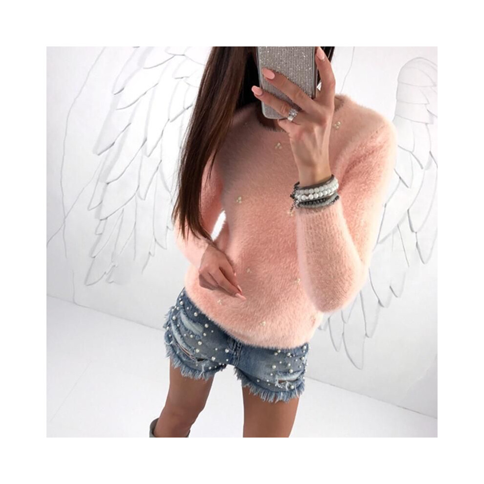 (Pink,XXL)Pull femme peluche perles décontracté couleur unie printemps hiver sweat fourrure