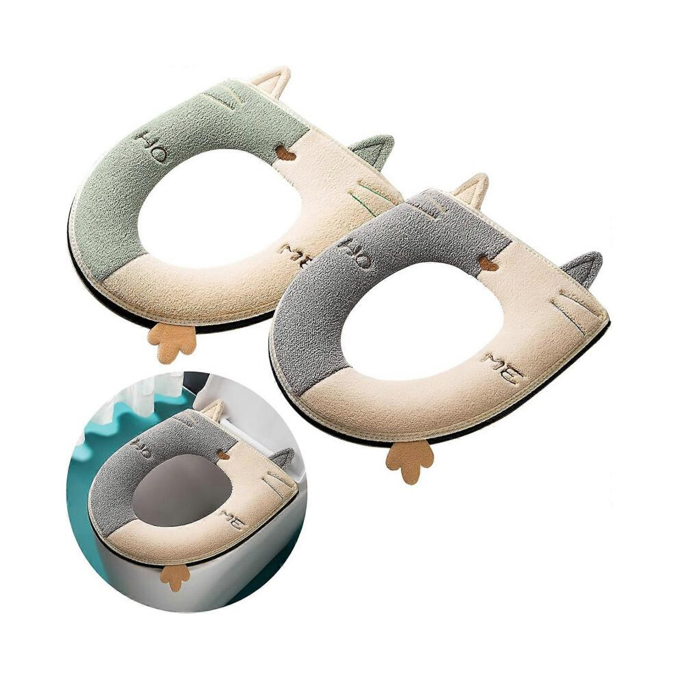 Thickened Toilet seat Cushion Cover is Universal, Warm, Washable and Reusable 2 pcs (Grey + Green)