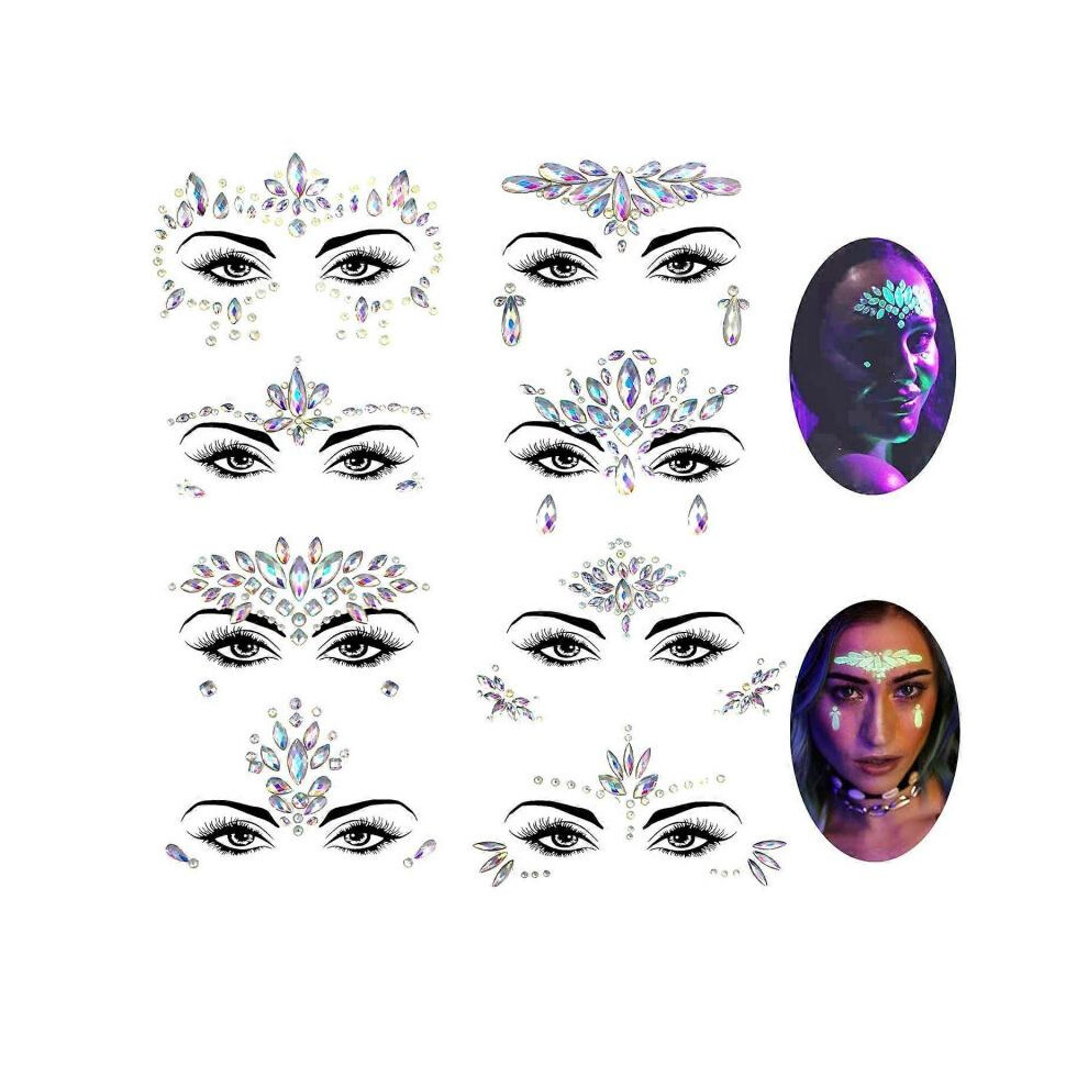 8 Sets Noctilucent Face Gems Luminous Temporary Tattoo Stickers Acrylic Crystal Glitter Stickers Face Jewels for Party, Rave Festival