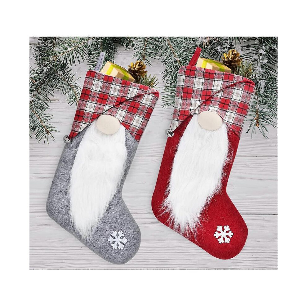 Christmas Stocking Large Xmas Sock Burlap Plaid Gnome Stockings with Bells and Faux Fur