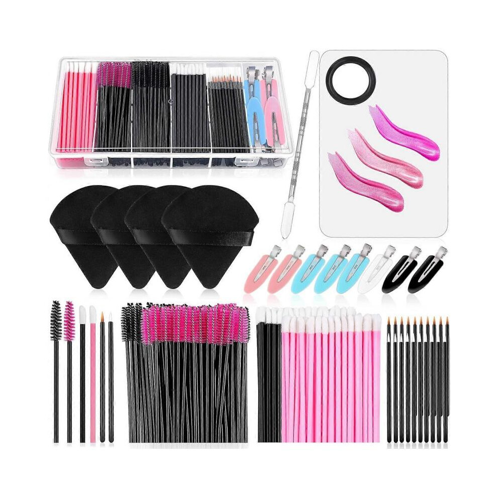 Disposable Makeup Applicators Kit with Triangle Puff Mixing Palette, Disposable Mascara Wands,Lip Brushes, Hair Clips
