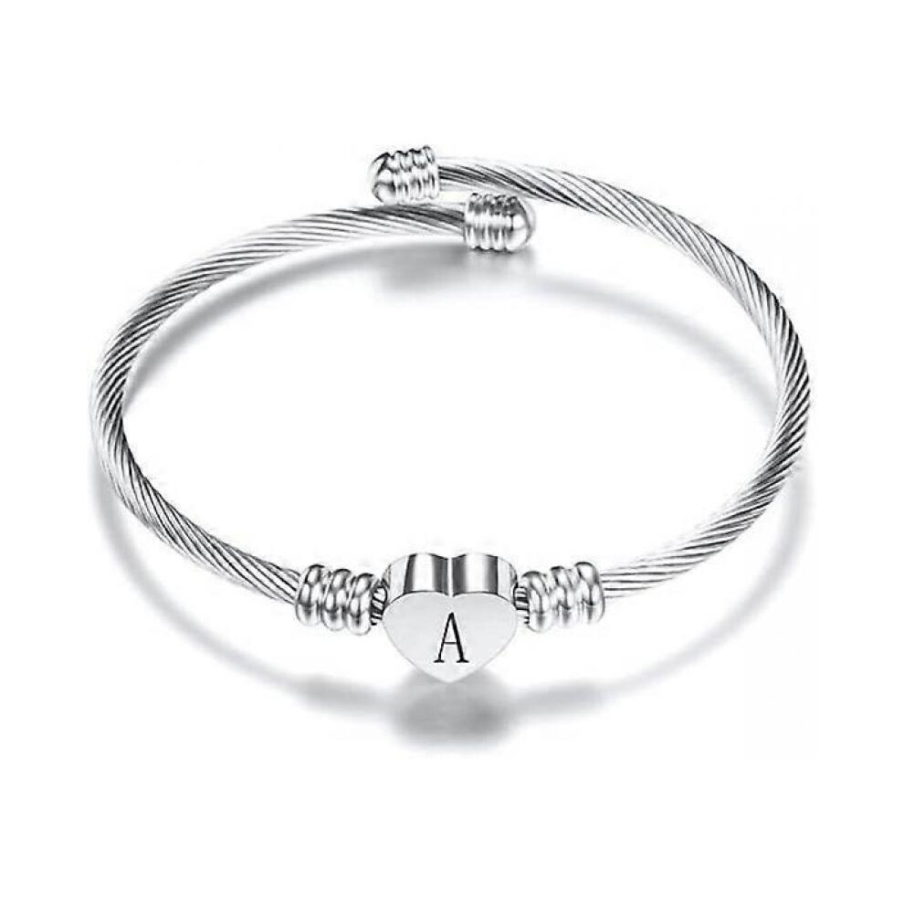 (A) Initial Letter Cuff Bracelet for Women Girls Expandable Love Heart Silver Alphabet Bangle Family Mum Daughter Mothers Day Valentine Birthday