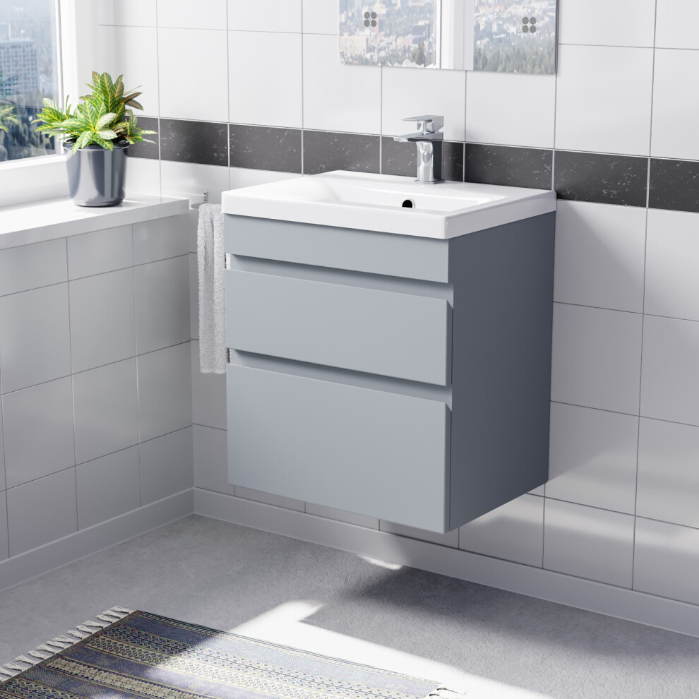 Nes Home Wall Hung Matte Grey 500mm PVC 2 Drawers Vanity Unit & Basin Sink