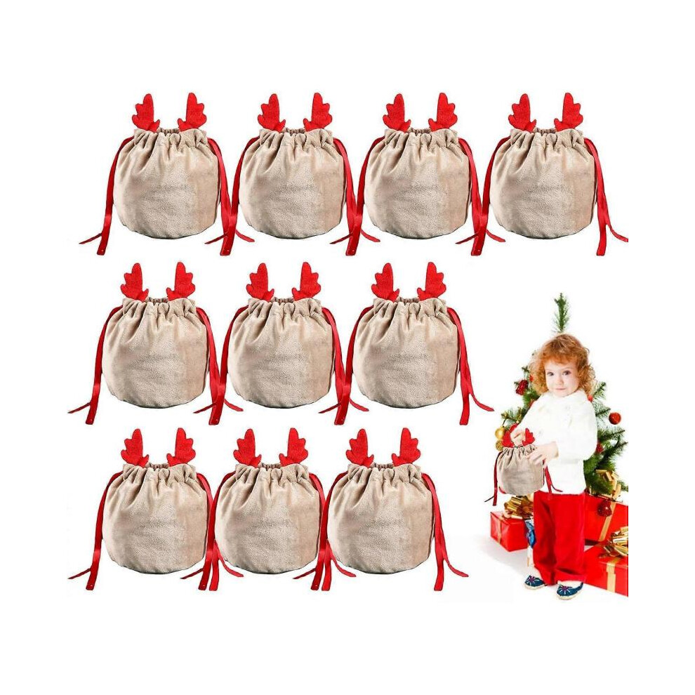 10 Pieces Christmas Velvet Drawstring Bag,Cute Antler Drawstring Christmas Bags Goodie Candy Bag,Reusable Christmas Gift Bags Treat Bags
