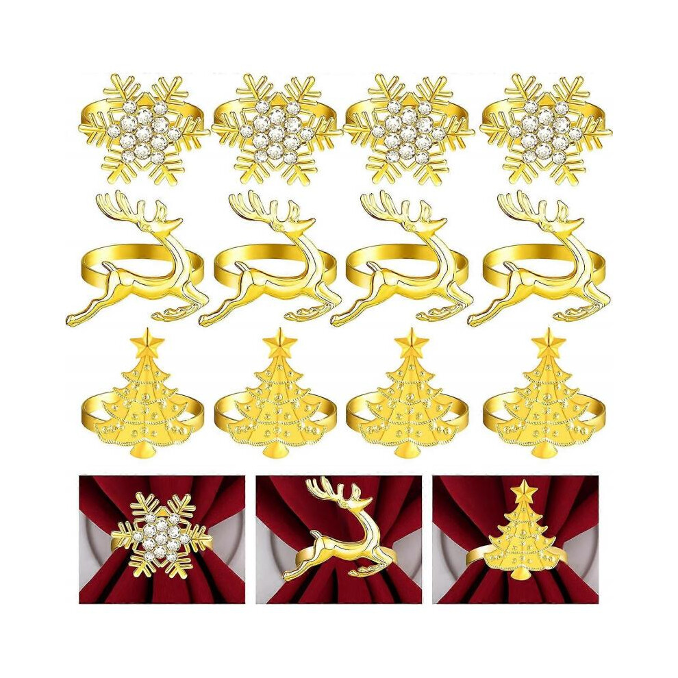 12Pcs Gold Christmas Napkin Rings Set, Christmas Trees Napkin Rings, Elk Napkin Rings, Snowflake Napkin Holders, for Holiday Decorations