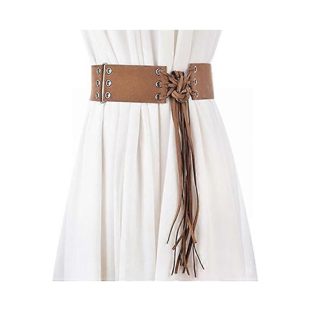 (light brown) Vintage Fringed Knotted Belt Bohemia Wide Tassel Waist Bands for Women