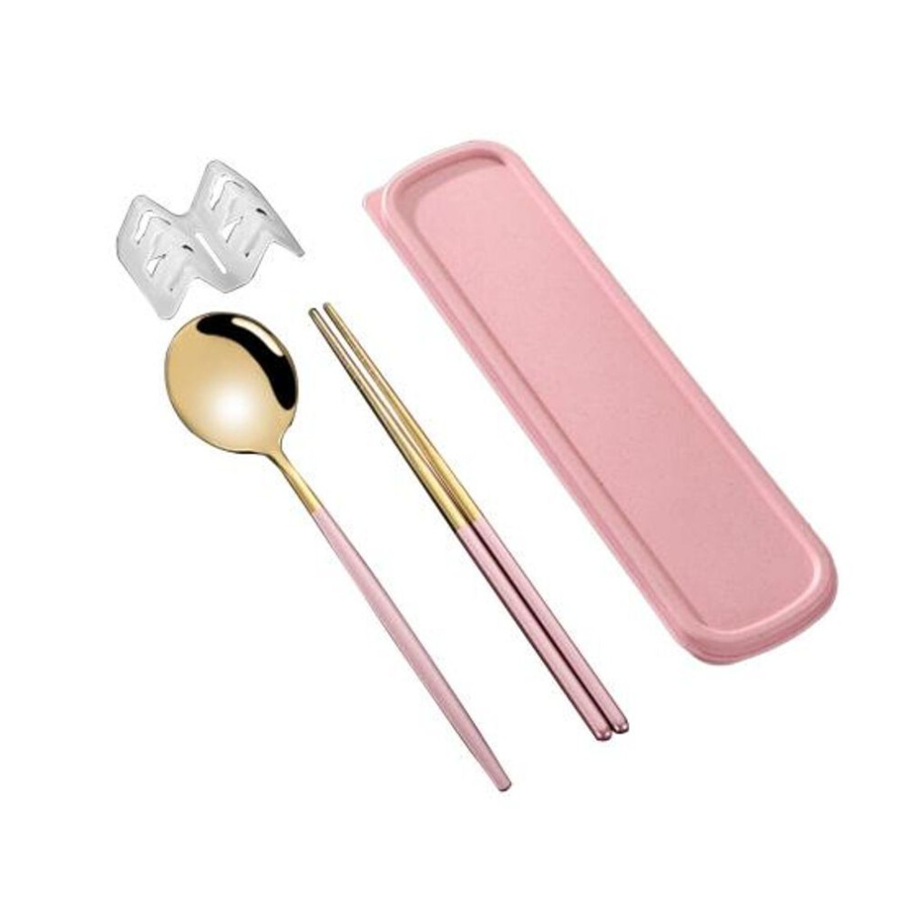 (pink,gold, 2pcs) Stainless Steel Flatware Kit Korean Style Dust proof Chopsticks Fork Spoon Dinner Set