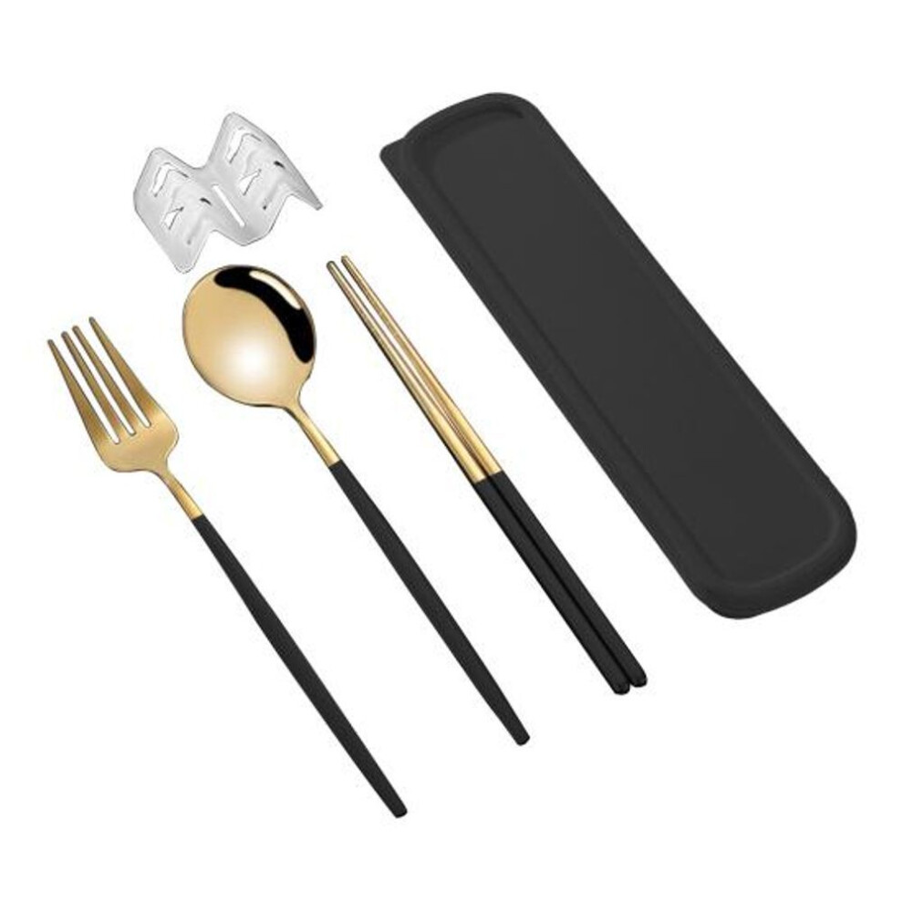 (black,golden, 3pcs) Stainless Steel Flatware Kit Korean Style Dust proof Chopsticks Fork Spoon Dinner Set