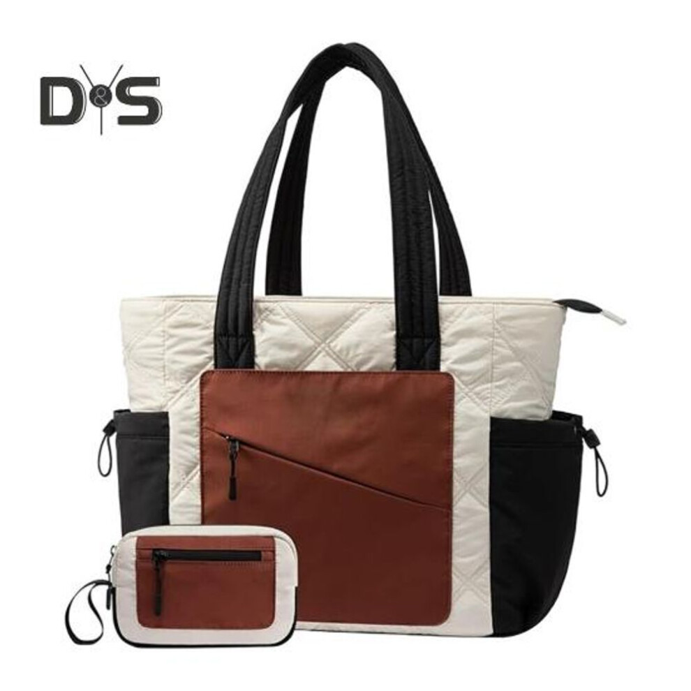 (black brown) Women's Tote Bag with Cup Holder Color Blocking Clutch Bag Handbag Puffer Bag Quilted Shoulder Bag with Zippered Pockets for Travel Work Street