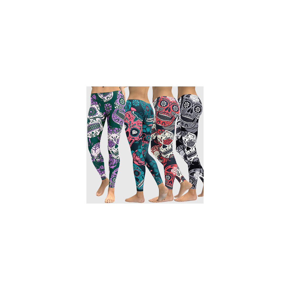 (Purple,XL)Legging slim femme yoga sport tête crâne fleurie pantalon haut taille