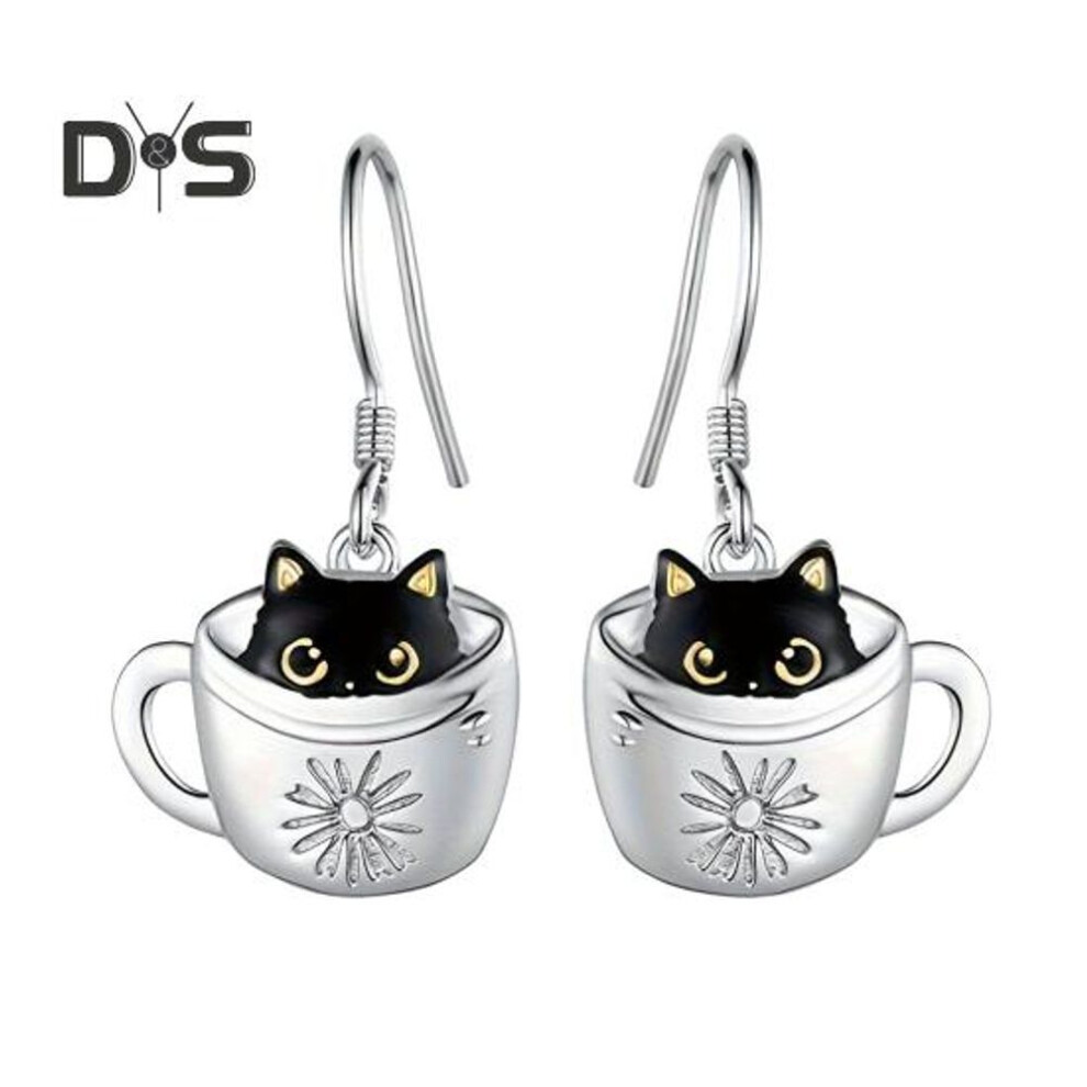 (as the picture, A) Women Necklace Hook Earrings Black Cat In Cup Shape Adjustable Necklace Birthday Anniversary Gift Alloy Neck Ear Jewelry For Daily Wear Parties