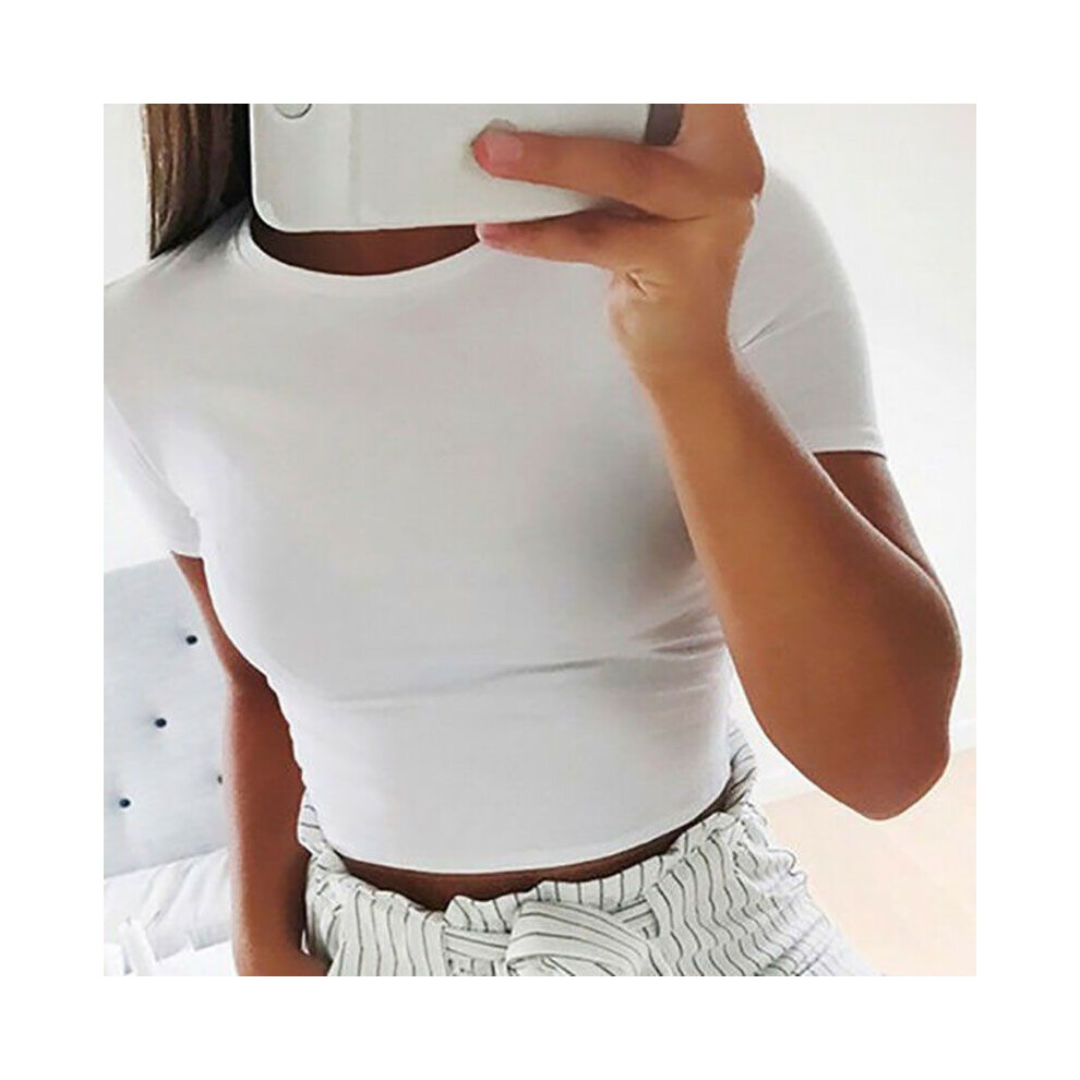 (White,XL)Chemisier femme été plage manches courtes t-shirt slim gym sport crop débardeur