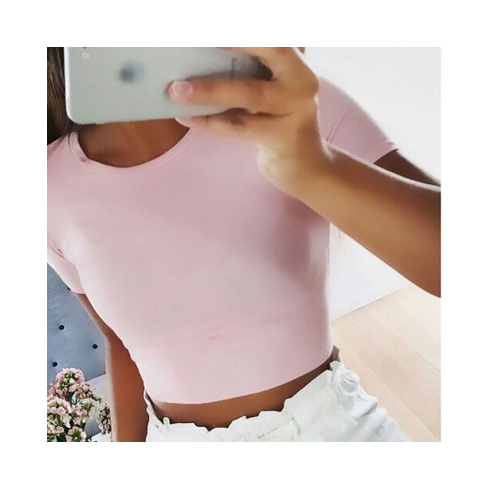 (Pink,XL)Chemisier femme été plage manches courtes t-shirt slim gym sport crop top débardeur