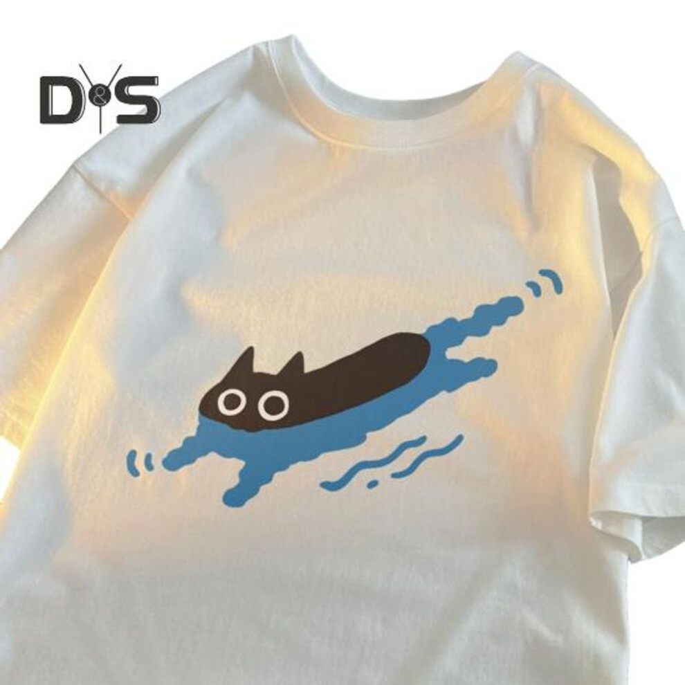 (XL, white) Couple Casual Tee Shirt Cartoon Black Cat Print T-shirt Round Neck Loose Summer Top For Men Women Home Gym Street Wear