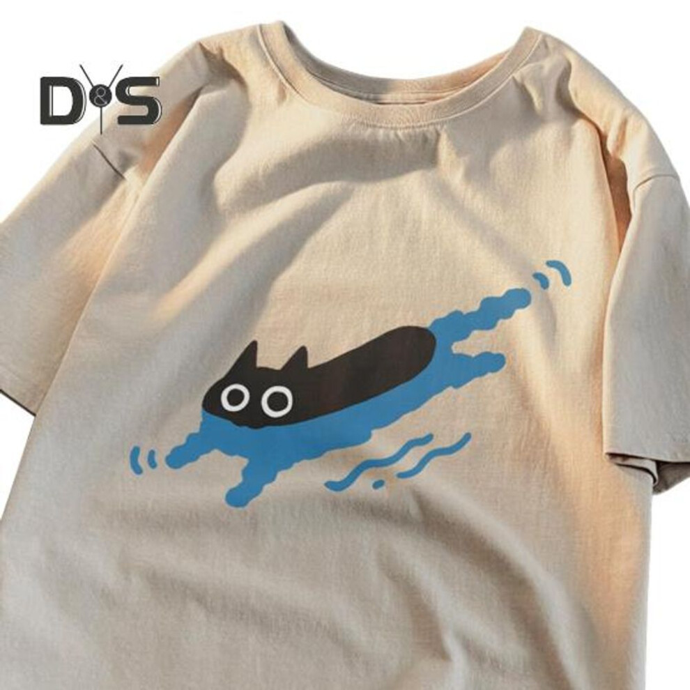 (XXL, khaki) Couple Casual Tee Shirt Cartoon Black Cat Print T-shirt Round Neck Loose Summer Top for Men Women Home Gym Street Wear
