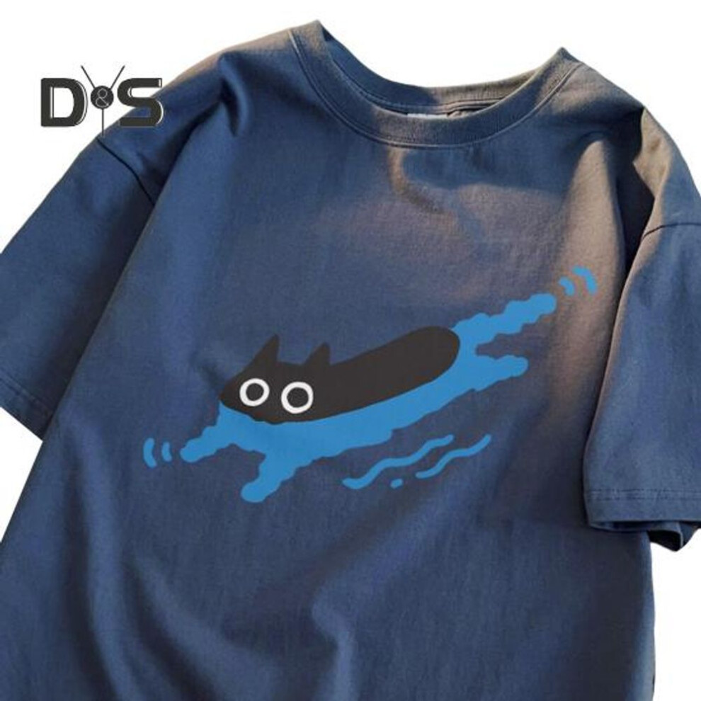 (M, dark blue) Couple Casual Tee Shirt Cartoon Black Cat Print T-shirt Round Neck Loose Summer Top for Men Women Home Gym Street Wear
